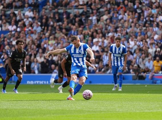 Brighton and Hove Albion v Manchester City, Premier League, Football, Amex Stadium, Brighton, UK - 31 Aug 2025 GOAL 1-1. James Milner of Brighton & Hove Albion scores from the penalty spot. Brighton Amex Stadium Brighton UK, UK NEWSPAPERS OUT Copyright: xSeanxRyanx