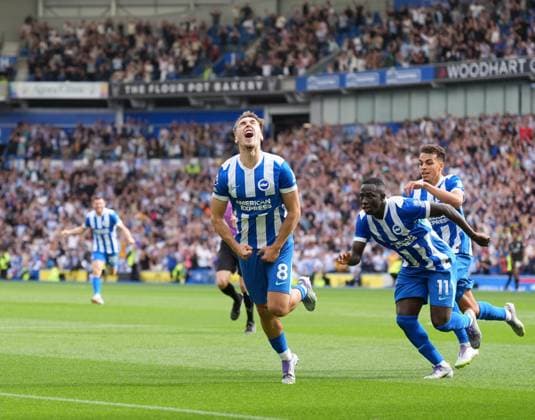 Brighton and Hove Albion v Manchester City, Premier League, Football, Amex Stadium, Brighton, UK - 31 Aug 2025 GOAL 2-1. Brajan Gruda of Brighton & Hove Albion celebrates scoring the winning goal. Brighton Amex Stadium Brighton UK, UK NEWSPAPERS OUT Copyright: xSeanxRyanx