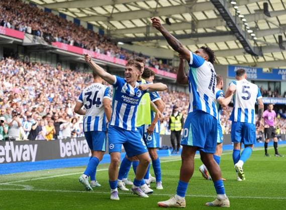 Brighton and Hove Albion v Manchester City, Premier League, Football, Amex Stadium, Brighton, UK - 31 Aug 2025 GOAL 2-1. Brajan Gruda of Brighton & Hove Albion celebrates with his teammates after scoring the winning goal. Brighton Amex Stadium Brighton UK, UK NEWSPAPERS OUT Copyright: xSeanxRyanx