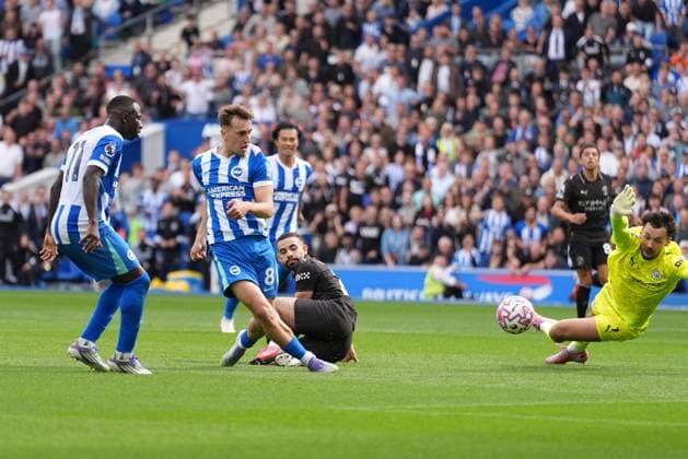 Brighton and Hove Albion v Manchester City, Premier League, Football, Amex Stadium, Brighton, UK - 31 Aug 2025 GOAL 2-1. Brajan Gruda of Brighton & Hove Albion scores the second goal for Brighton. Brighton Amex Stadium Brighton UK, UK NEWSPAPERS OUT Copyright: xSeanxRyanx