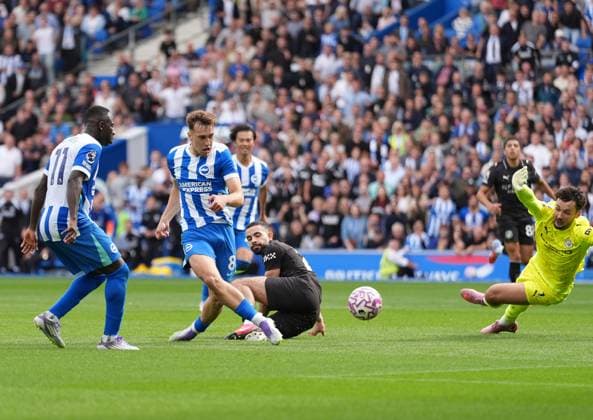 Brighton and Hove Albion v Manchester City, Premier League, Football, Amex Stadium, Brighton, UK - 31 Aug 2025 GOAL 2-1. Brajan Gruda of Brighton & Hove Albion scores the second goal for Brighton. Brighton Amex Stadium Brighton UK, UK NEWSPAPERS OUT Copyright: xSeanxRyanx