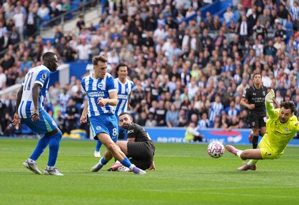 Brighton and Hove Albion v Manchester City, Premier League, Football, Amex Stadium, Brighton, UK - 31 Aug 2025 GOAL 2-1. Brajan Gruda of Brighton & Hove Albion scores the second goal for Brighton. Brighton Amex Stadium Brighton UK, UK NEWSPAPERS OUT Copyright: xSeanxRyanx