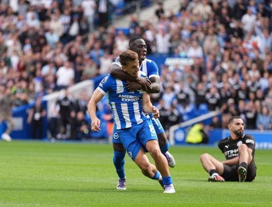 Brighton and Hove Albion v Manchester City, Premier League, Football, Amex Stadium, Brighton, UK - 31 Aug 2025 GOAL 2-1. Brajan Gruda of Brighton & Hove Albion turns to celebrate scoring the second goal for Brighton. Brighton Amex Stadium Brighton UK, UK NEWSPAPERS OUT Copyright: xSeanxRyanx