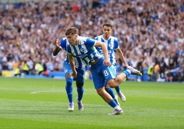 Brighton and Hove Albion v Manchester City, Premier League, Football, Amex Stadium, Brighton, UK - 31 Aug 2025 GOAL 2-1. Brajan Gruda of Brighton & Hove Albion turns to celebrate scoring the second goal for Brighton. Brighton Amex Stadium Brighton UK, UK NEWSPAPERS OUT Copyright: xSeanxRyanx