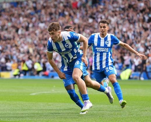 Brighton and Hove Albion v Manchester City, Premier League, Football, Amex Stadium, Brighton, UK - 31 Aug 2025 GOAL 2-1. Brajan Gruda of Brighton & Hove Albion turns to celebrate scoring the second goal for Brighton. Brighton Amex Stadium Brighton UK, UK NEWSPAPERS OUT Copyright: xSeanxRyanx