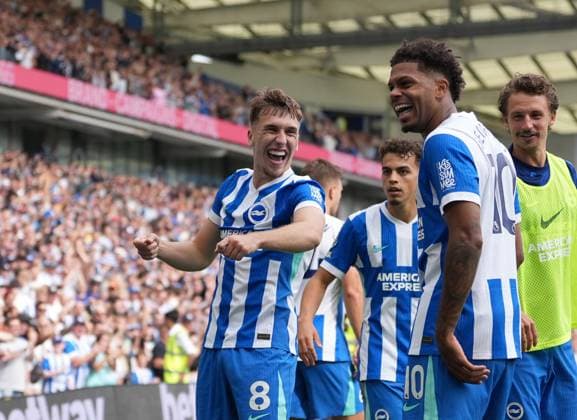 Brighton and Hove Albion v Manchester City, Premier League, Football, Amex Stadium, Brighton, UK - 31 Aug 2025 GOAL 2-1. Brajan Gruda of Brighton & Hove Albion celebrates with his teammates after scoring the second goal. Brighton Amex Stadium Brighton UK, UK NEWSPAPERS OUT Copyright: xSeanxRyanx