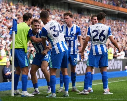Brighton and Hove Albion v Manchester City, Premier League, Football, Amex Stadium, Brighton, UK - 31 Aug 2025 GOAL 2-1. Brajan Gruda of Brighton & Hove Albion celebrates with his teammates after scoring the second goal. Brighton Amex Stadium Brighton UK, UK NEWSPAPERS OUT Copyright: xSeanxRyanx