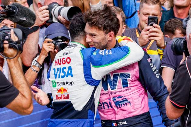 P3 finisher Isack Hadjar of France and Visa Cash App Racing Bulls is congratulated by Pierre Gasly of France and BWT Alpine F1 Team during the Formula 1 Heineken Dutch Grand Prix 2025 on Day 3 at Circuit Zandvoort on August 31, 2025 in Zandvoort, Netherlands. (Photo by Marcel ter Bals DeFodi Images)