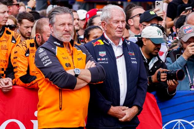 CEO of McLaren F1 Team Zak Brown of United States of America and Helmut Marko of Austria and Oracle Red Bull Racing looks on during the Formula 1 Heineken Dutch Grand Prix 2025 on Day 3 at Circuit Zandvoort on August 31, 2025 in Zandvoort, Netherlands. (Photo by Marcel ter Bals DeFodi Images)