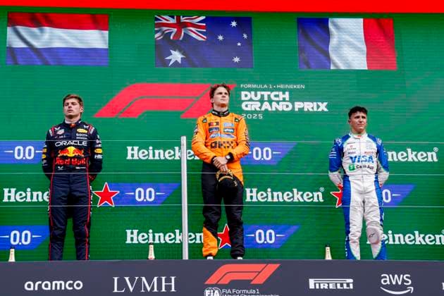 podium ceremony, second Max Verstappen of the Netherlands and Oracle Red Bull Racing and winner Oscar Piastri of Australia and McLaren F1 Team and third Isack Hadjar of France and Visa Cash App Racing Bulls during the Formula 1 Heineken Dutch Grand Prix 2025 on Day 3 at Circuit Zandvoort on August 31, 2025 in Zandvoort, Netherlands. (Photo by Marcel ter Bals DeFodi Images)