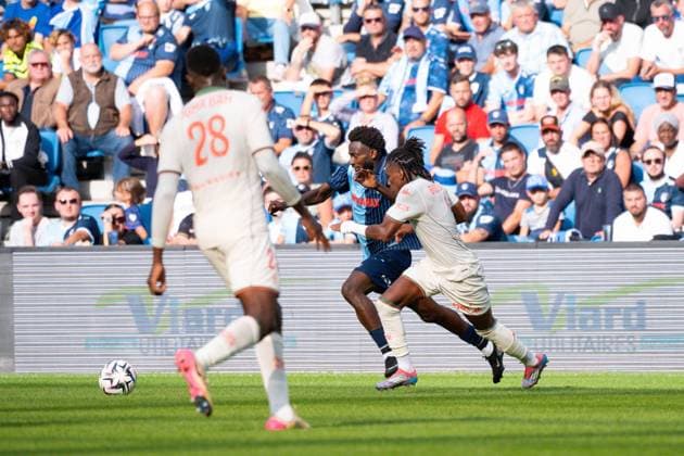FOOTBALL : Le Havre vs Nice - Ligue 1 - 31 08 2025 Issa Soumare ( 45 - Le Havre ) and Hcham Boudaoui ( 6 - Nice ) during the Ligue 1 match between Havre AC and OGC Nice at Stade Oceane on August 31, 2025 in Le Havre, France. ( Photo by Federico Pestellini PsnewZ ) - Le HavreFrance  Copyright: xFedericoxPestellinix