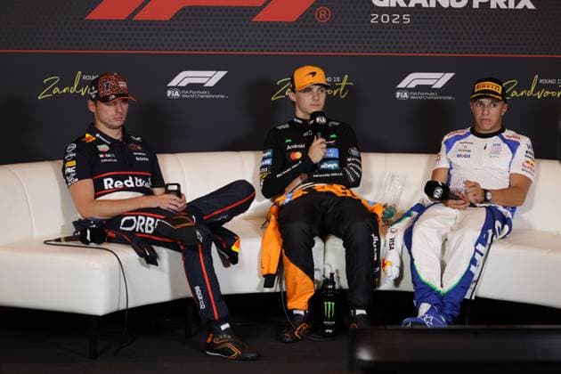 Formula 1 of the Netherlands Dutch driver Max Verstappen of Oracle Red Bull Racing, Australian driver Oscar Piastri of McLaren F1 Team, French driver Isack Hadjar of Visa Cash App RB Formula One Team during the press conference, PK, Pressekonferenz after the Formula 1 Heineken Dutch Grand Prix 2025 at the Circuit Zandvoort in Zandvoort, Netherlands, August 31 2025. Zandvoort Netherlands Copyright: xMatrixxImagesx xHasanxBraticx 