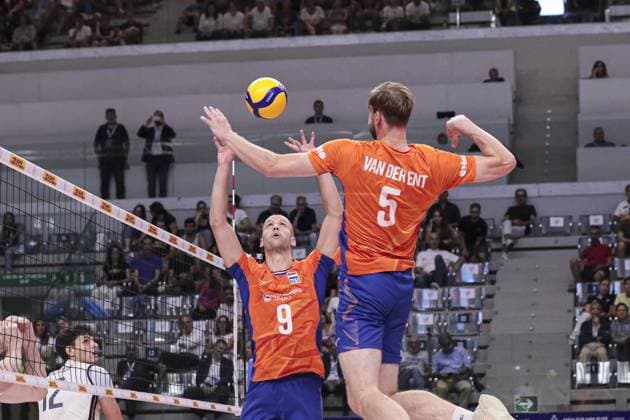 5 Luuc Van der Ent (Dutch national volleyball team) and 9 Joris Berkhout (Dutch national volleyball team) during 2025 FIPAV Cup Men - Italy vs Holland, International volleyball match in Turin, Italy, August 31 2025  Copyright: xNorbertoxMaccagno IPAxSportx xipa-agency.netx xx IPA_63784777 IPA_Agency_IPA63784777