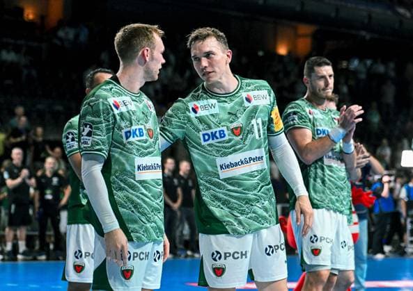 31.08.2025, xlakx, Handball Daikin HBL, Fuechse Berlin - Bergischer HC v.l. Mathias Gidsel (Fuechse Berlin), Lasse Andersson (Fuechse Berlin) im Gespraech Berlin