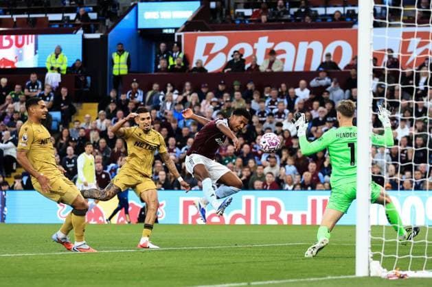 Birmingham, England, 31st August 2025. Ollie Watkins of Aston Villa has a shot at goal during the Aston Villa vs Crystal Palace Premier League match at Villa Park, Birmingham. Picture credit should read: Jessica Hornby Sportimage EDITORIAL USE ONLY. No use with unauthorised audio, video, data, fixture lists, club league logos or live services. Online in-match use limited to 120 images, no video emulation. No use in betting, games or single club league player publications. SPI_057_JH_Villa_Palace SPI-4102-0057