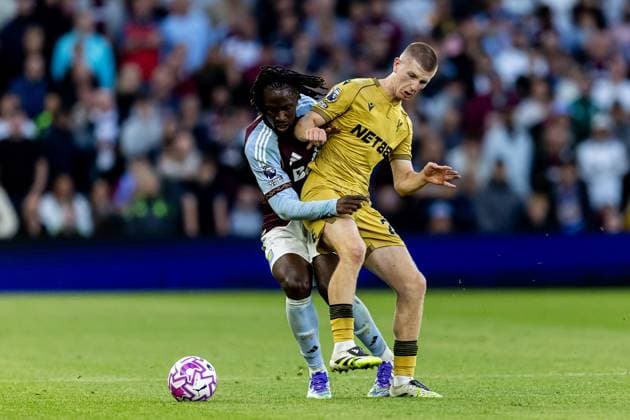 Aston Villa v Crystal Palace Premier League 31 08 2025. Crystal Palace midfielder Adam Wharton (20) battles for possession with Aston Villa forward Evann Guessand (29) during the Premier League match between Aston Villa and Crystal Palace at Villa Park, Birmingham, England on 31 August 2025. Birmingham Villa Park West Midlands England Editorial use only DataCo restrictions apply See www.football-dataco.com , Copyright: xManjitxNarotrax PSI-22724-0037