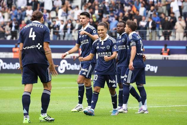 FOOTBALL : Paris FC Vs FC Metz - Ligue 1 - 31 08 2025 Joie sur le deuxieme but de Ilan Kebbal (Paris FC) - Moses Simon (Paris FC) - Thibault De Smet (Paris FC) - Maxime Lopez (Paris FC) - Vincent Marchetti (Paris FC) ParisFrance  Copyright: xMichtofx