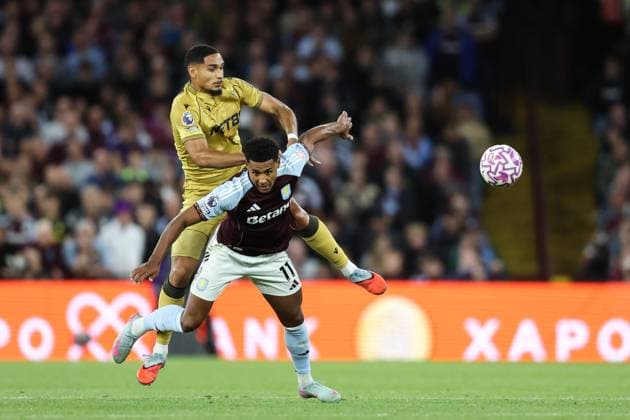 Birmingham, England, 31st August 2025. Maxence Lacroix of Crystal Palace beats Ollie Watkins of Aston Villa to a header during the Aston Villa vs Crystal Palace Premier League match at Villa Park, Birmingham. Picture credit should read: Jessica Hornby Sportimage EDITORIAL USE ONLY. No use with unauthorised audio, video, data, fixture lists, club league logos or live services. Online in-match use limited to 120 images, no video emulation. No use in betting, games or single club league player publications. SPI_064_JH_Villa_Palace SPI-4102-0064