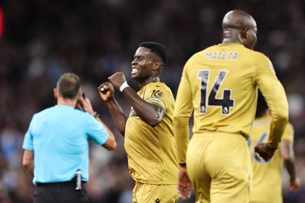 Birmingham, England, 31st August 2025. Marc Guehi of Crystal Palace celebrates his goal to make it 0-2 during the Aston Villa vs Crystal Palace Premier League match at Villa Park, Birmingham. Picture credit should read: Jessica Hornby Sportimage EDITORIAL USE ONLY. No use with unauthorised audio, video, data, fixture lists, club league logos or live services. Online in-match use limited to 120 images, no video emulation. No use in betting, games or single club league player publications. SPI_071_JH_Villa_Palace SPI-4102-0071