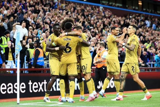 Birmingham, England, 31st August 2025. Ismaila Sarr of Crystal Palace celebrates his goal to make it 0-3 during the Aston Villa vs Crystal Palace Premier League match at Villa Park, Birmingham. Picture credit should read: Jessica Hornby Sportimage EDITORIAL USE ONLY. No use with unauthorised audio, video, data, fixture lists, club league logos or live services. Online in-match use limited to 120 images, no video emulation. No use in betting, games or single club league player publications. SPI_077_JH_Villa_Palace SPI-4102-0077