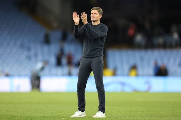 Birmingham, England, 31st August 2025. Oliver Glasner manager of Crystal Palace applauds the travelling fans after the Aston Villa vs Crystal Palace Premier League match at Villa Park, Birmingham. Picture credit should read: Jessica Hornby Sportimage EDITORIAL USE ONLY. No use with unauthorised audio, video, data, fixture lists, club league logos or live services. Online in-match use limited to 120 images, no video emulation. No use in betting, games or single club league player publications. SPI_084_JH_Villa_Palace SPI-4102-0084