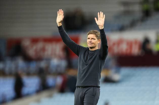 Birmingham, England, 31st August 2025. Oliver Glasner manager of Crystal Palace applauds the travelling fans after the Aston Villa vs Crystal Palace Premier League match at Villa Park, Birmingham. Picture credit should read: Jessica Hornby Sportimage EDITORIAL USE ONLY. No use with unauthorised audio, video, data, fixture lists, club league logos or live services. Online in-match use limited to 120 images, no video emulation. No use in betting, games or single club league player publications. SPI_085_JH_Villa_Palace SPI-4102-0085