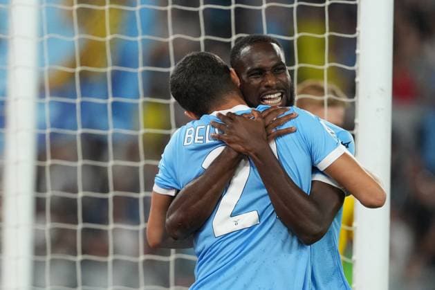 Boulaye Dia of SS Lazio celebrates with Reda Belahyane after scoring the goal of 4-0 during the Serie A 2025 2026 football match between SS Laziio and Hellas Verona at Stadio Olimpico in Roma (Italy), August 31, 2025. antoniettaxbaldassarre