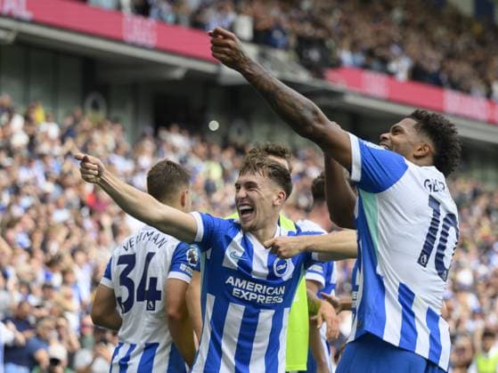 Brighton, England, August 31 2025: Brighton & Hove Albion s Brajan Gruda (left) celebrates scoring his side s second goal with team-mate Georginio Rutter (right) during the Premier League match between Brighton and Hove Albion and Manchester City at the American Express Stadium. (Photo by David Horton Sports Press Photo) Copyright: xDavidxHorton SportsxPressxPhotox Sportspressphoto_SPR19657