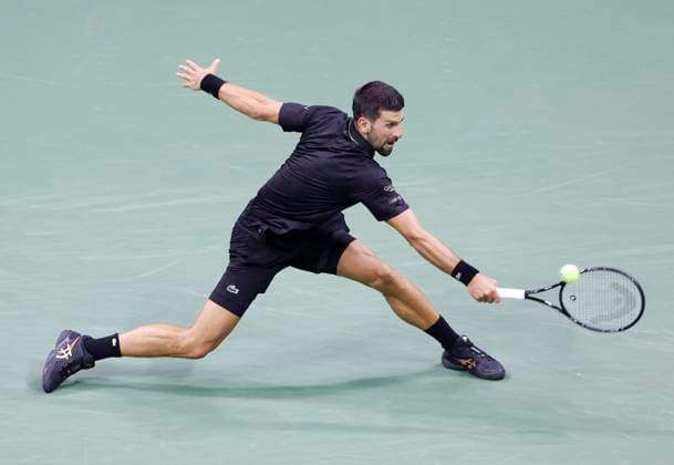 Novak Djokovic of Serbia returns a ball to Jan-Lennard.Struff of Germany in the second set of his 4th round match in Arthur Ashe Stadium on day 8 at the 2025 US Open Tennis Championship at the USTA Billie Jean King National Tennis Center in New York City on Sunday, August 31, 2025.  NYP20250831101 JOHNxANGELILLO