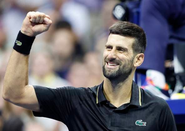 Novak Djokovic of Serbia celebrates after match point defeating Jan-Lennard Struff of Germany in straight sets in his 4th round match in Arthur Ashe Stadium on day 8 at the 2025 US Open Tennis Championship at the USTA Billie Jean King National Tennis Center in New York City on Sunday, August 31, 2025.  NYP20250831121 JOHNxANGELILLO