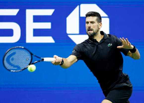Novak Djokovic of Serbia returns a ball in the third set before defeating Jan-Lennard Struff of Germany in straight sets in his 4th round match in Arthur Ashe Stadium on day 8 at the 2025 US Open Tennis Championship at the USTA Billie Jean King National Tennis Center in New York City on Sunday, August 31, 2025.  NYP20250831128 JOHNxANGELILLO