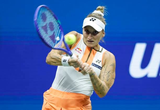 Marketa Vondrousova of Czechia returns a ball to Elena Rybakina of Kazakhstan in their 4th round match in Arthur Ashe Stadium on day 8 at the 2025 US Open Tennis Championship at the USTA Billie Jean King National Tennis Center in New York City on Sunday, August 31, 2025. Vondrousova defeated Rybakina in 3 sets to advance to the quarterfinals.  NYP20250831123 JOHNxANGELILLO