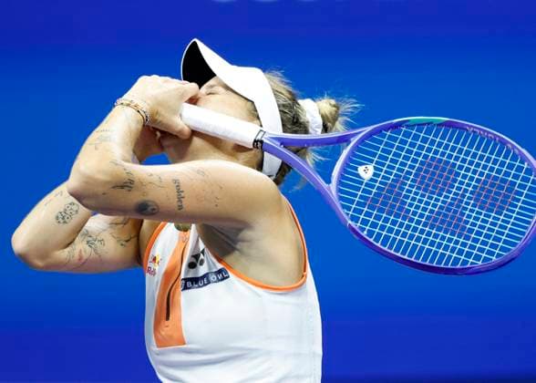 Marketa Vondrousova of Czechia reacts after match point in her match against Elena Rybakina of Kazakhstan in the 4th round in Arthur Ashe Stadium on day 8 at the 2025 US Open Tennis Championship at the USTA Billie Jean King National Tennis Center in New York City on Sunday, August 31, 2025. Vondrousova defeated Rybakina in 3 sets to advance to the quarterfinals.  NYP20250831129 JOHNxANGELILLO