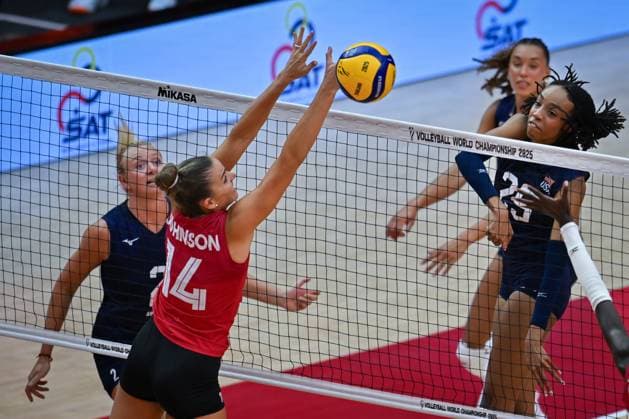 US v Canada - FIVB Women’s World Volleyball Championship BANGKOK, THAILAND - SEPTEMBER 01: Hilary Howe (14) of Canada in action during the FIVB Women s World Volleyball Championship match between US and Canada at Huamark Indoor Stadium in Bangkok, Thailand on September, 2025. Mustafa Hatipoglu Anadolu Banghok Thailand. Editorial use only. Please get in touch for any other usage.  Copyright: x2025xAnadoluxMustafaxHatipoglux