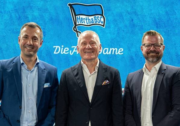 Fussball, Herren, Saison 2025 26, 2. Bundesliga, Hertha BSC, Pressekonferenz zur Vorstellung des neuen Geschäftsführers, im Bild: Geschäftsführer Ralf Huschen (Hertha BSC), Geschäftsführer Dr. Peter Görlich (Hertha BSC), Präsident Fabian Drescher (Hertha BSC), 01.09. 2025,