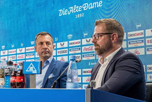 Fussball, Herren, Saison 2025 26, 2. Bundesliga, Hertha BSC, Pressekonferenz zur Vorstellung des neuen Geschäftsführers, im Bild: v.l. Geschäftsführer Ralf Huschen (Hertha BSC), Präsident Fabian Drescher (Hertha BSC), 01.09. 2025,