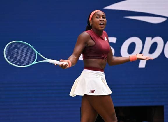 Coco Gauff of USA reacts during the match with Naomi Osaka of JAP, Naomi Osaka defeats Coco Gauff in straight sets 6-3 6-2 in the fourth round on Arthur Ashe Stadium on day 9 at the 2025 US Open Tennis Championship at the USTA Billie Jean King National Tennis Center in New York City on Monday, September 01, 2025.  NYP20250901311 LARRYxMARANO