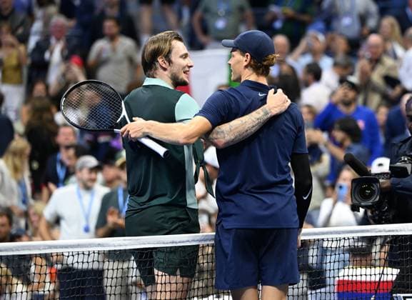 Jannik Sinner of ITA reacts after defeating Alexander Bublik in straight sets 6-1 6-1 6-1 in the fourth round on Arthur Ashe Stadium on day 9 at the 2025 US Open Tennis Championship at the USTA Billie Jean King National Tennis Center in New York City on Monday, September 01, 2025.  NYP20250901329 LARRYxMARANO