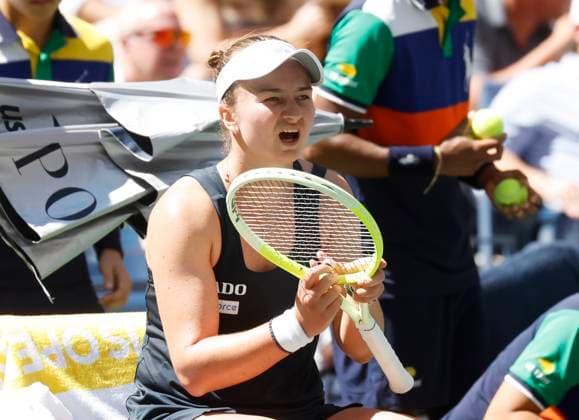 Barbora Krejcikova Czechia reacts when she sits for a change over in the second set against Jessica Pegula before losing in straight sets in their quarterfinal match in Arthur Ashe Stadium on day 8 at the 2025 US Open Tennis Championship at the USTA Billie Jean King National Tennis Center in New York City on Tuesday, September 2, 2025.  NYP20250902109 JOHNxANGELILLO