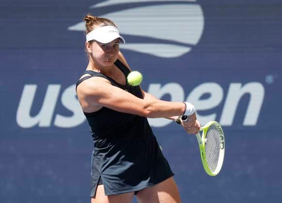 Barbora Krejcikova Czechia returns a ball in the second set against Jessica Pegula before losing in straight sets in their quarterfinal match in Arthur Ashe Stadium on day 8 at the 2025 US Open Tennis Championship at the USTA Billie Jean King National Tennis Center in New York City on Tuesday, September 2, 2025.  NYP20250902110 JOHNxANGELILLO
