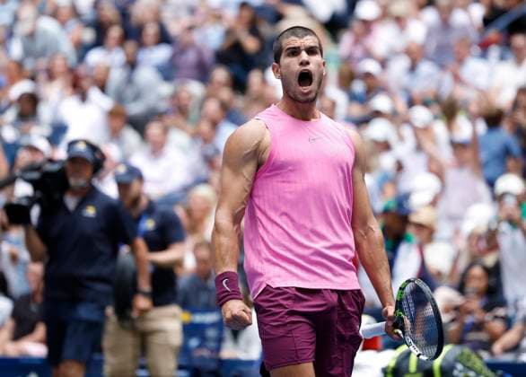 Carlos Alcaraz of Spain celebrates after match point defeating Jiri Lehecka of Czechia in straight sets in their quarterfinal match in Arthur Ashe Stadium on day 10 at the 2025 US Open Tennis Championship at the USTA Billie Jean King National Tennis Center in New York City on Tuesday, September 2, 2025.  NYP20250902123 JOHNxANGELILLO
