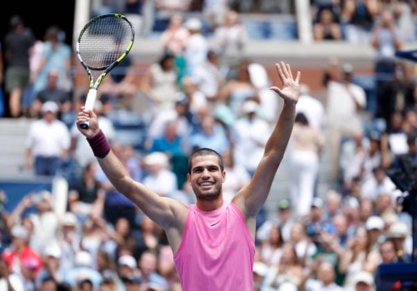 Carlos Alcaraz of Spain celebrates after match point defeating Jiri Lehecka of Czechia in straight sets in their quarterfinal match in Arthur Ashe Stadium on day 10 at the 2025 US Open Tennis Championship at the USTA Billie Jean King National Tennis Center in New York City on Tuesday, September 2, 2025.  NYP20250902124a JOHNxANGELILLO