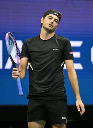 Taylor Fritz plays Novak Djokovic of Serbia in the quarterfinals on Arthur Ashe Stadium on day 10 at the 2025 US Open Tennis Championship at the USTA Billie Jean King National Tennis Center in New York City on Tuesday, September 02, 2025.  NYP20250902305 LARRYxMARANO