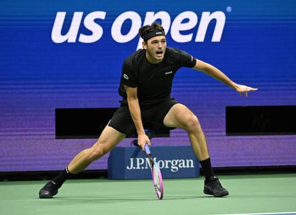 Taylor Fritz plays Novak Djokovic of Serbia in the quarterfinals on Arthur Ashe Stadium on day 10 at the 2025 US Open Tennis Championship at the USTA Billie Jean King National Tennis Center in New York City on Tuesday, September 02, 2025.  NYP20250902306 LARRYxMARANO