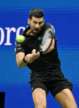 Novak Djokovic of Serbia plays Taylor Fritz during the Quarterfinals on Arthur Ashe Stadium on day 10 at the 2025 US Open Tennis Championship at the USTA Billie Jean King National Tennis Center in New York City on Tuesday, September 2, 2025.  NYP20250902309 LARRYxMARANO