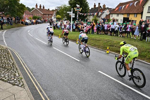 2025 Lloyds Tour of Britain Picture by Bruce Rollinson SWpix.com - 03 06 2025 - Cycling - 2025 Lloyds Tour of Britain - Stage 2: Stowmarket to Stowmarket - Andreas Stokbro (Unibet Tietema Rockets), Baptiste Veistroffer (Lotto), Hartthijs De Vries (Unibet Tietema Rockets), Rafael Reis (Anicolor Tien 21) Copyright: x xSWpix.comx(t axPhotographyxHubxLtd)xBrucexRollinson SWpix.comx SWP-3069-2225