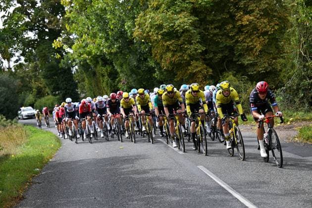 2025 Lloyds Tour of Britain Picture by Bruce Rollinson SWpix.com - 03 06 2025 - Cycling - 2025 Lloyds Tour of Britain - Stage 2: Stowmarket to Stowmarket - Matteo Trentin (Tudor Pro Cycling Team) leads the peloton with Loe Van Belle (Team Visma Lease a Bike) in second wheel Copyright: x xSWpix.comx(t axPhotographyxHubxLtd)xBrucexRollinson SWpix.comx SWP-3069-2234