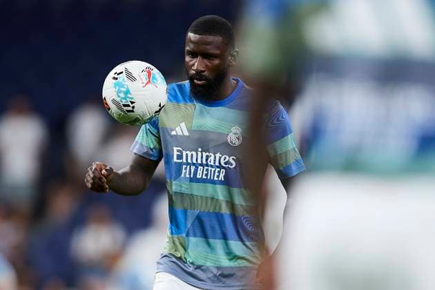 Antonio Rudiger (Real Madrid CF) warms up before during the LaLiga EA Sports match between Real Madrid and RCD Mallorca at Santiago BernabÃ u on August 30, 2025 in Madrid, Spain. (Photo by Manu Reino DeFodi Images)