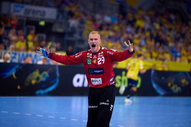 Torwart David Späth (29; Rhein Neckar Löwen) jubelt nach Parade Handball I Herren I Saison 2025-2026 I Daikin HBL I 1. Spieltag I Rhein-Neckar Löwen – GWD Minden I 03.09.2025 Copyright: xMaxxMesterx