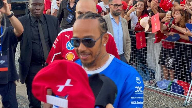 RECORD DATE NOT STATED Ferrari Drive to Monza event. Milan (it), 09 03 2025-event ferrari milan- the ferrari drivers charles leclerc and lewis hamilton were welcomed by thousands of fans in a festive atmosphere, a unique spectacle in the heart of the city of milan, the royal palace of milan was transformed into a temple supporting ferrari thanks to the drive to monza by peroni nastro azzurro 0.0% event, this wednesday, september 3, 2025. (Foto: Josi Donelli Thenews2 imago images)  Copyright: xJosixDonellix